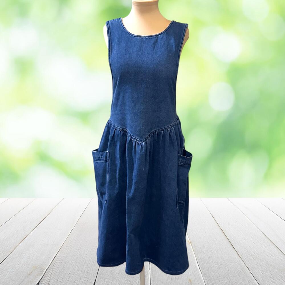Vintage Denim Pinafore Dress Drop Waist Cross Back Pockets Blue 90s Size M - Picture 11 of 11